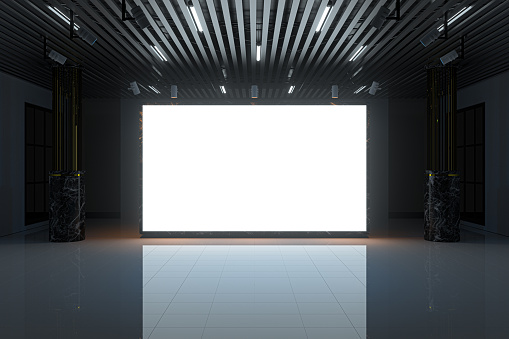 The glowing blank wall in the large showroom. 3d rendering. Computer digital drawing.