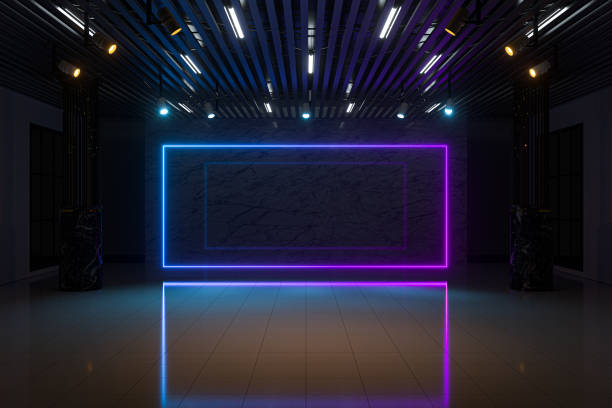 istock Glowing neon lights in the dark showroom, 3d rendering. 1247727794