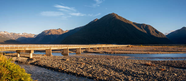 The road bridge crossing the Waimakariri River in the Arthur's Pass National Park on New Zealand's South Island.