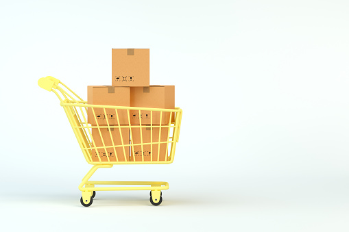 Package boxes and yellow shopping cart, 3d rendering. Computer digital drawing.