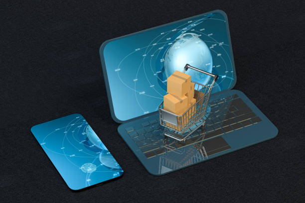 istock Shopping cart, mobile phone and laptop, 3d rendering. 1247733182