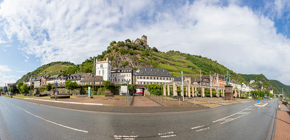 Kaub, Germany - June 5, 2020: scenic view to village of Kaub in the scenic Rhine valley, a Unesco world heritage area.