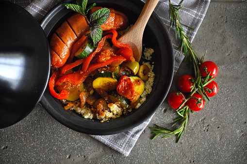 Keto Tajine with merguez, zucchini and pepper, Quebec, Canada