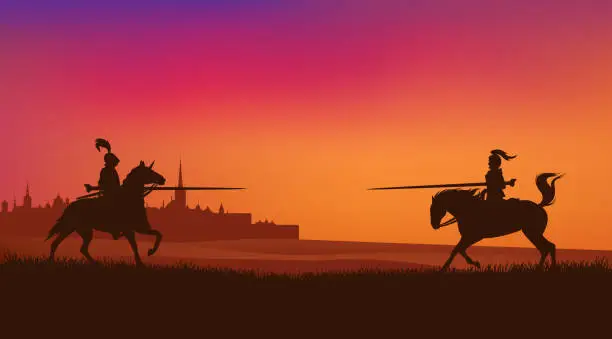 Vector illustration of jousting horseback knights and medieval town at sunset vector silhouette scene