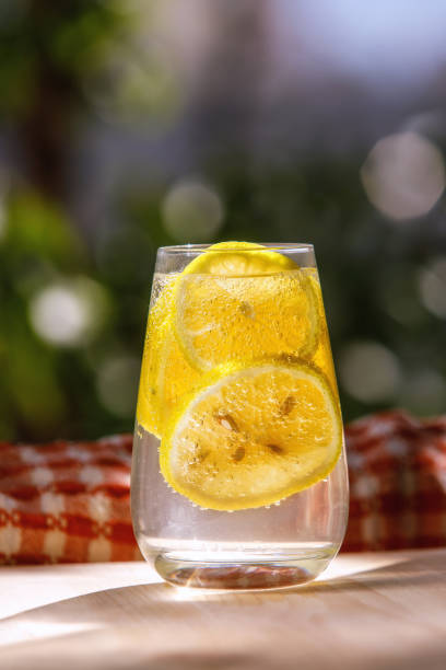 istock Lemonade with fresh lemon in glass on garden background. 1247749037