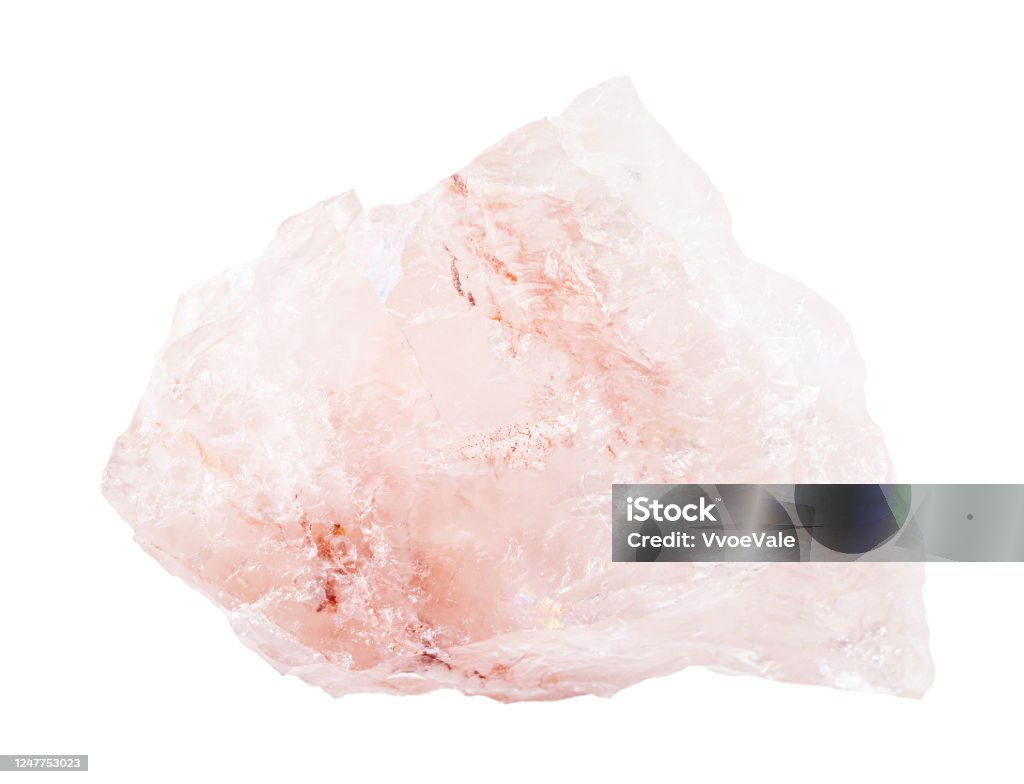 raw Rose quartz rock isolated on white closeup of sample of natural mineral from geological collection - raw Rose quartz rock isolated on white background Rose Quartz Stock Photo