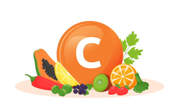 Vitamin C food sources cartoon vector illustration Vitamin C food sources cartoon vector illustration. Antioxidant in fresh fruits, vegetables. Greens flat color object. Healthy vegetarian diet. Vegan food isolated on white background ascorbic acid stock illustrations