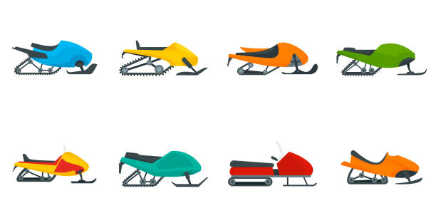 ilustrações, clipart, desenhos animados e ícones de conjunto de ícones snowmobile, estilo plano - snowmobiling