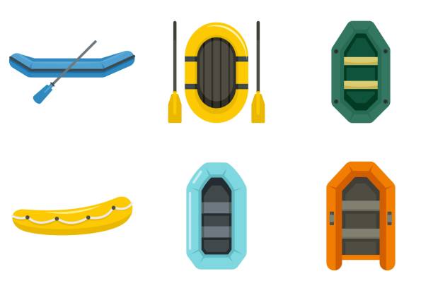 aufblasbare boot icons set, flacher stil - schlauchboot stock-grafiken, -clipart, -cartoons und -symbole