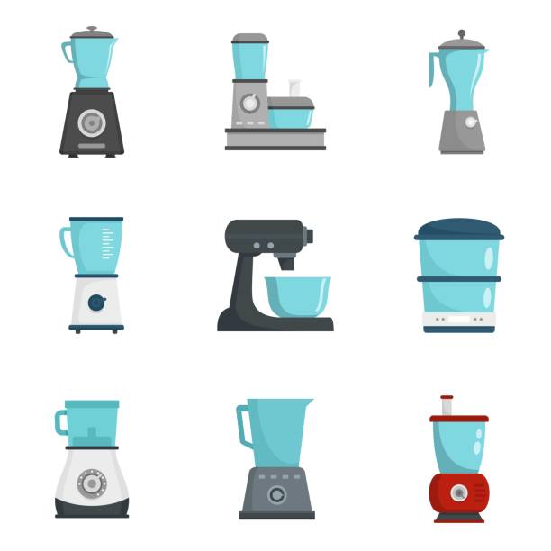 ilustraciones, imágenes clip art, dibujos animados e iconos de stock de conjunto de iconos de procesador de alimentos, estilo plano - food processor