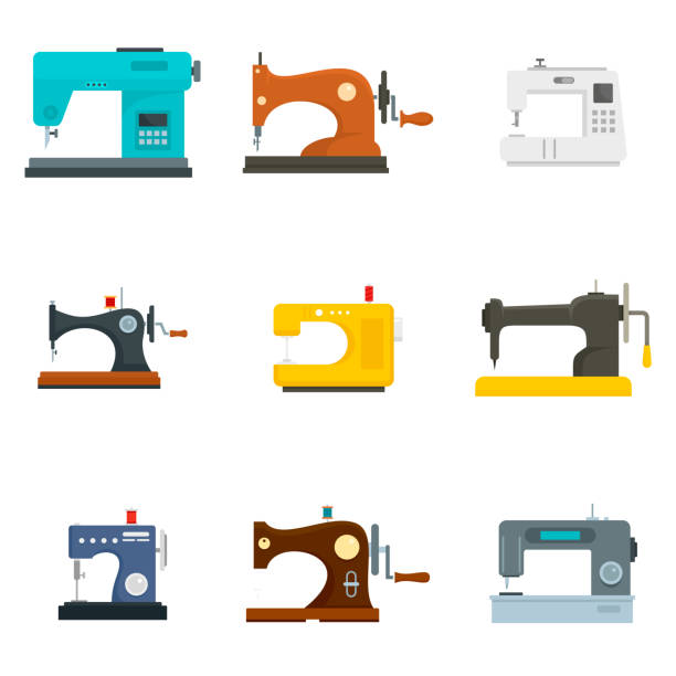 illustrazioni stock, clip art, cartoni animati e icone di tendenza di set di icone macchina da cucire, stile piatto - sewing tailor sewing machine needlecraft product