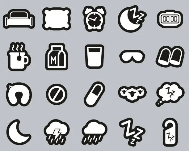 Vector illustration of Sleep Or Sleeping Icons White On Black Sticker Set Big