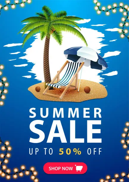 Vector illustration of Summer sale, up to 50% off, white and blue vertical discount web banner with frame of bright garland, large offer, button, palm tree, beach chair and beach umbrella