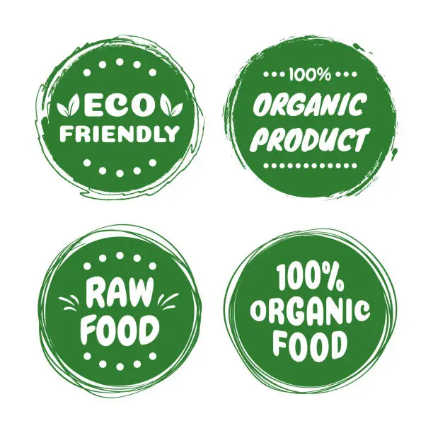 Vector illustration of Organic healthy vegan food labels. Natural, fresh, organic food stickers collection. Vector graphic design.