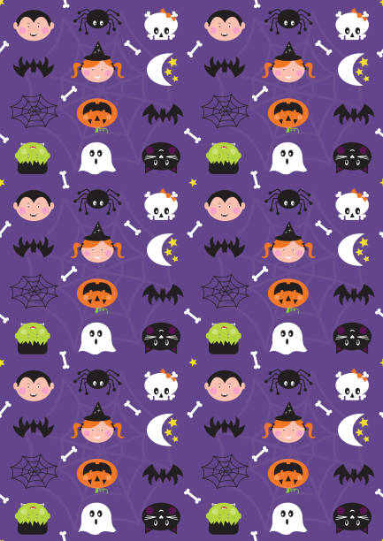 halloween niedlichen charakter nahtlose wiederholung muster auf lila hintergrund - blue background orange background purple background light stock-grafiken, -clipart, -cartoons und -symbole