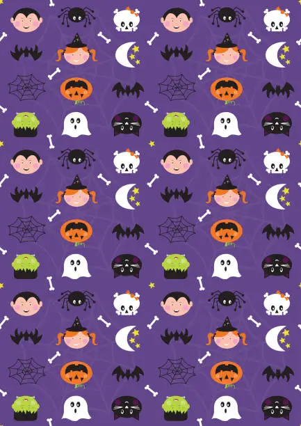 Vector illustration of Halloween Cute Character Seamless Repeat Pattern on Purple Background