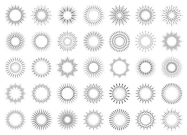 ilustraciones, imágenes clip art, dibujos animados e iconos de stock de conjunto geométrico de sunburst - círculo ilustraciones