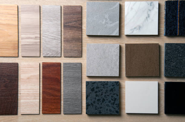 istock Sample of materials construction on wood background. 1247768255