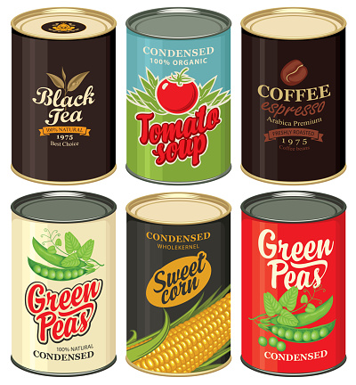 Retro food cans. Set of vector illustrations of a tin cans with labels of green peas, sweet corn, tomato soup, black tea and coffee. Canned food, long-term storage product.