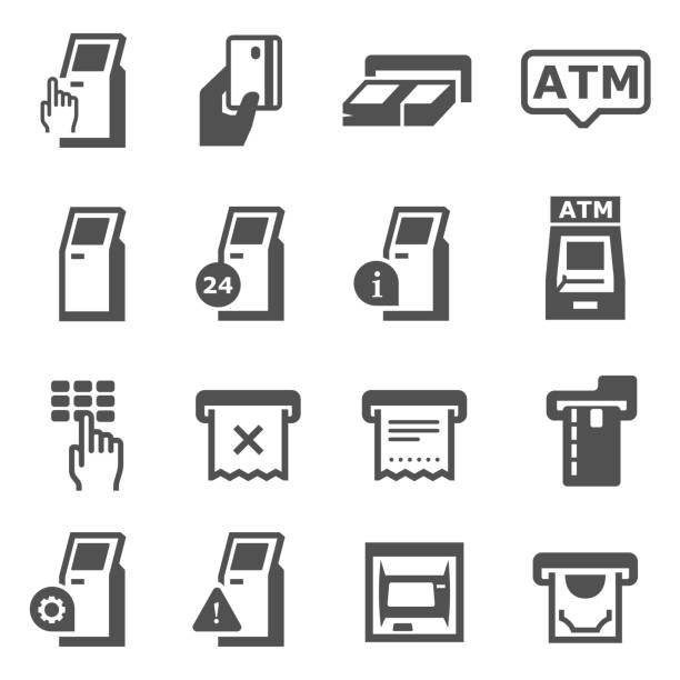 dozownik gotówki, zestaw czarno-białych ikon bankomatów. terminal, minibank, kolekcja piktogramów bankowych. - atm stock illustrations