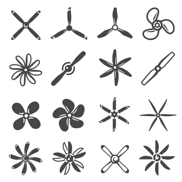 Propellers assortment black and white icons isolated set. Fans, blowers pictograms collection. Propellers assortment black and white icons isolated set. Fans, blowers pictograms collection, logos. Rotating equipment of airplane, boat, computer, windmill vector elements for infographic, web. propeller stock illustrations