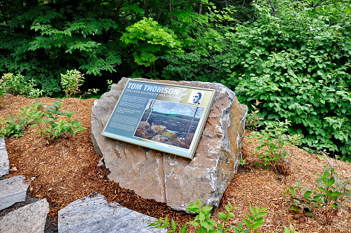 Algonquin Park, Ontario, Canada, July 17, 2017: The Tom Thomson Legacy Path in front of the Algonquin Art Centre in Algonquin Park in Ontario.  In recognition of the Canadian Artist Tom Thomson.