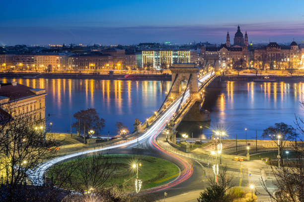 istock St. Stephen's Basilica with Szechenyi Chain Bridge reflect in Danube river, Budapest during twilight 1247773493