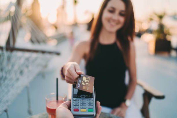 istock Woman on vacation paying contactless 1247790172