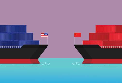 A Cargo ship from America confronts a cargo ship from China
