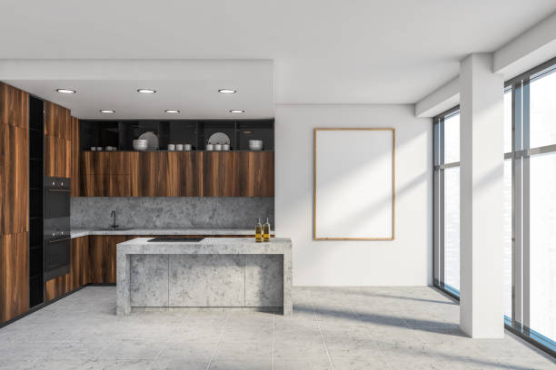 istock White and wooden kitchen with island and poster 1247797774