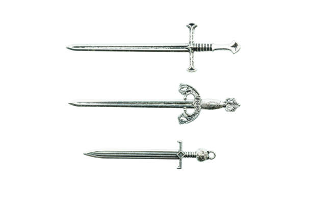 Medieval sword / knightly arming sword, straight blade, double-edged weapon, single-handed, cruciform (cross-shaped) hilt. Single-hand sword is retained as common sidearm. Isolated on white background