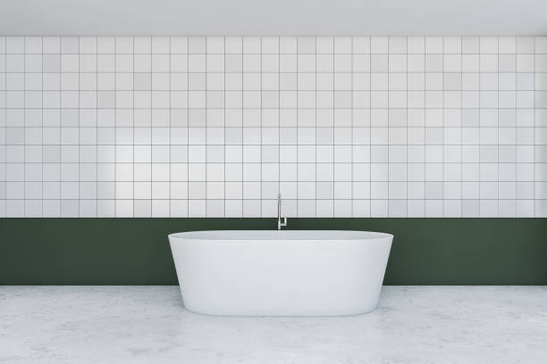 istock Green and white tile bathroom interior with tub 1247799511