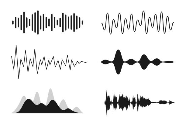 ilustraciones, imágenes clip art, dibujos animados e iconos de stock de conjunto de ondas sonoras. formas de onda de línea analógicas y digitales. ondas sonoras musicales, ecualizador y concepto de grabación. señal de sonido electrónica, grabación de voz - ondas de sonido