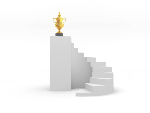 3D render of trophy placed on top of a spiral staircase