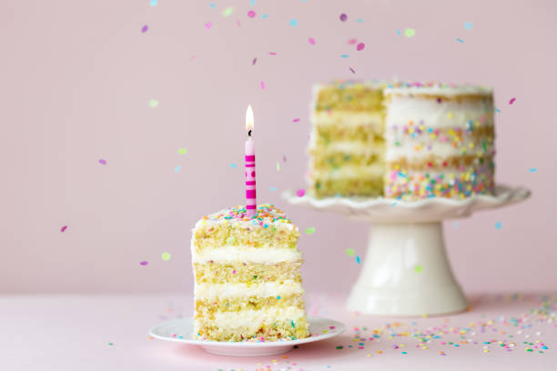 istock Funfetti birthday cake with a single slice 1247804361
