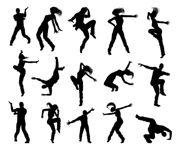 Street Dance Dancer Silhouettes A set of men and women street dance hip hop dancers in silhouette workout logo stock illustrations