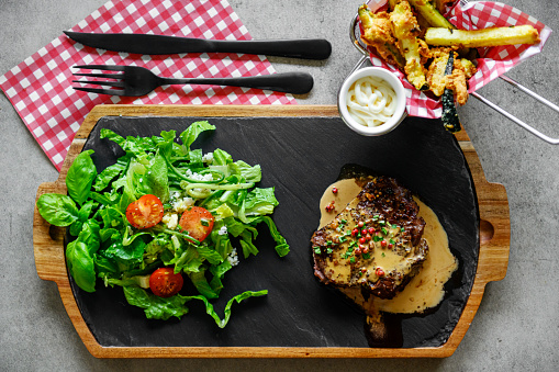 Filet mignon steak with gluten free sauce and french fries, Diverse Keto Dishes, Quebec, Canada