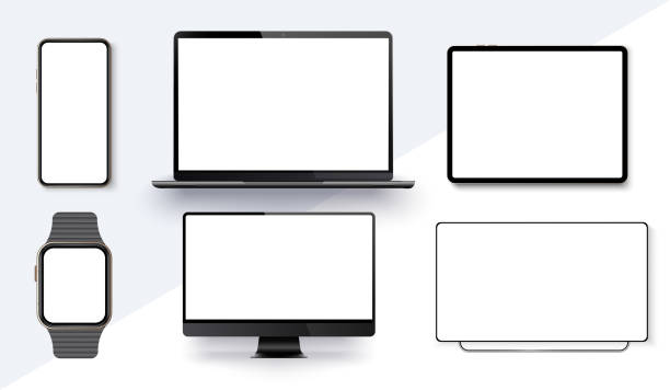 realistische gadgets. überwachen sie smartphone-laptop, tablet, tv, uhr leere notebook mockup computer-geräte. 3d-vektor-illustration vektor-sammlung-gadgets, mockups, um ihr web-site-design zu präsentieren - mockup desktop stock-grafiken, -clipart, -cartoons und -symbole