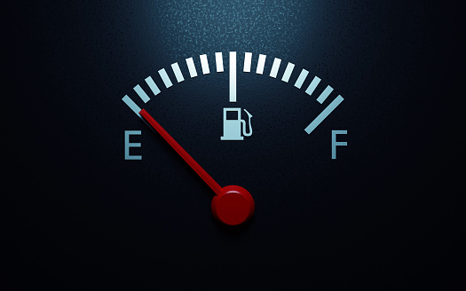 Fuel gauge with a red needle indicating empty. 3d render