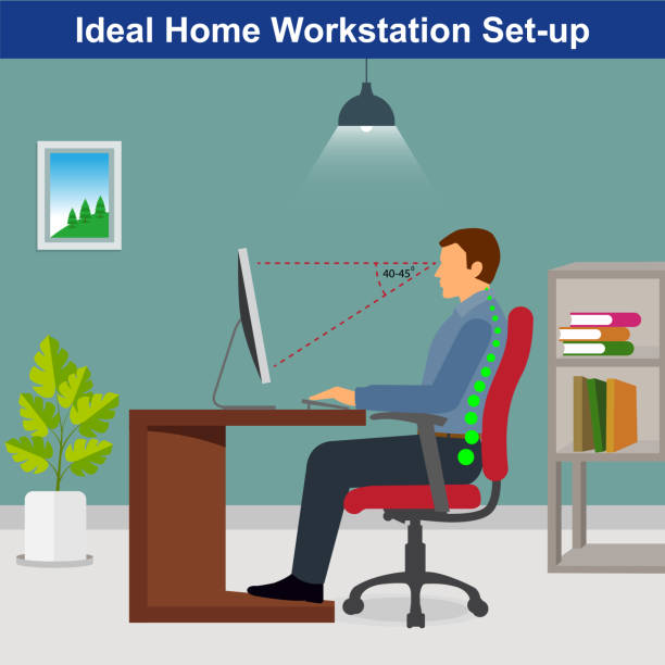 Ideal ergonomics work from home setup Ideal ergonomics work from home setup, man working corporate office cubicle stock illustrations