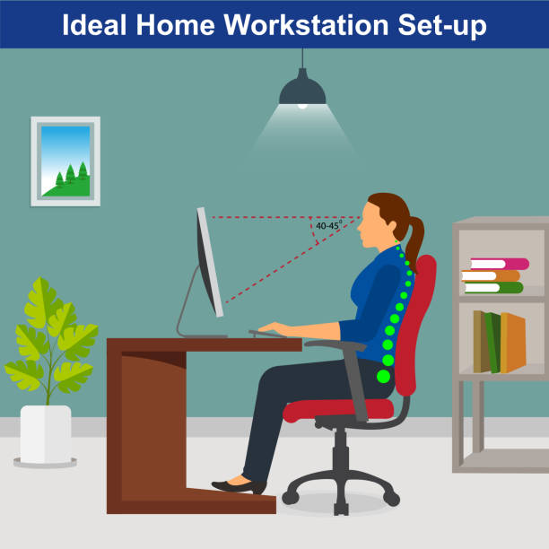 Ideal ergonomics work from home setup Ideal ergonomics work from home setup, women working at home corporate office cubicle stock illustrations