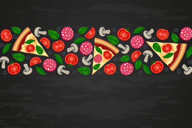 Pizza slices ingredients black textured backround Pizza slices and ingredients on black textured backround. Food border with tomato, olive, sausage, mushroom, basil top view. Flat italian fast food vector illustration for web, advert, menu, flyer chef backgrounds stock illustrations