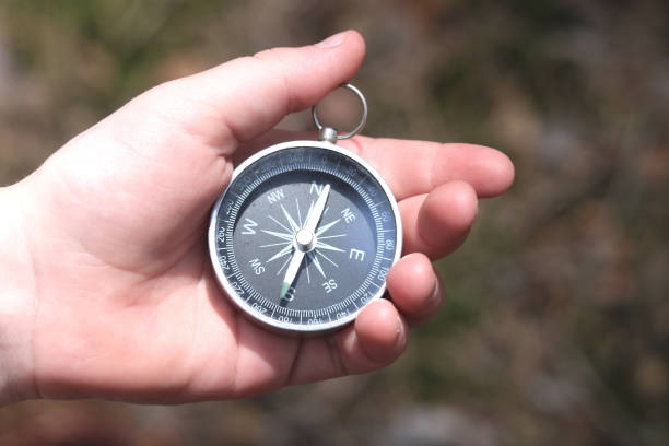 istock classic navigation compass in childs hand on natural background 1247816957