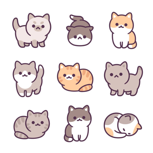 ilustrações, clipart, desenhos animados e ícones de pequenos filhotes de gatinhos definidos - kawaii
