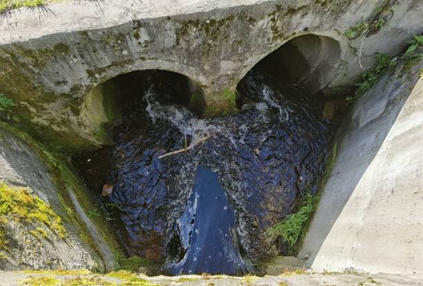 istock Sewage pipe spilling wastewater in pond 1247824087