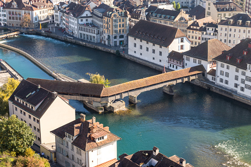 Bird eye view of Spreuer bridge in Luzern or Lucerne, Switzerland
