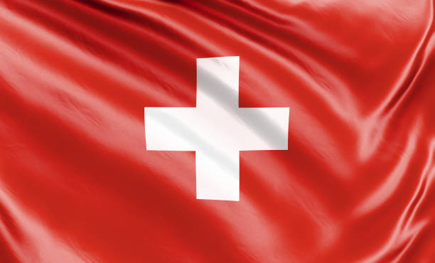 istock Banner. Realistic flag. Switzerland flag blowing in the wind. Background silk texture. 3d illustration. 1247829484