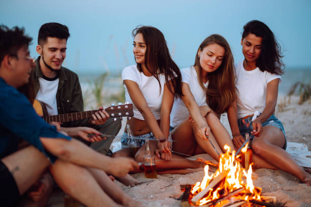 group of young friends sitting on beach and fry sausages. - bonfire beach fire barbecue imagens e fotografias de stock