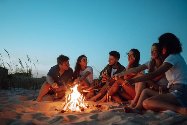 group of young friends sitting on beach and fry sausages. - bonfire beach fire barbecue imagens e fotografias de stock