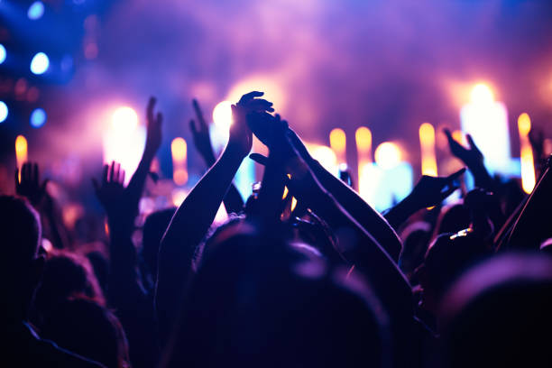 cheering crowd with hands in air at music festival - festa imagens e fotografias de stock